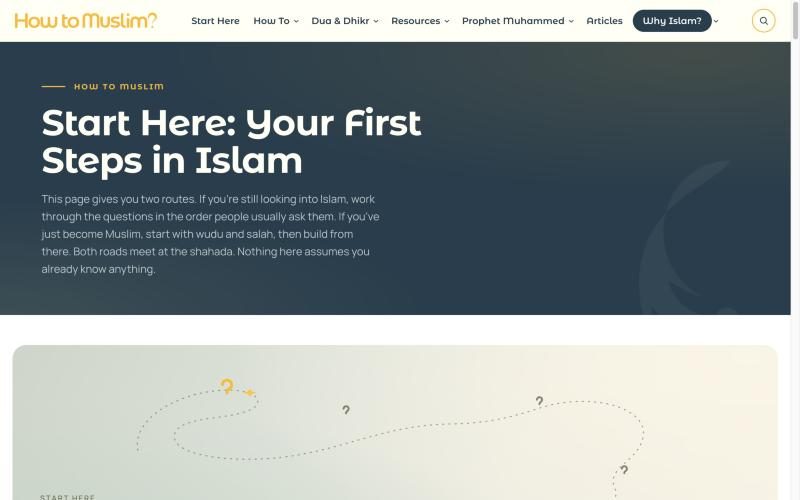 The How To Muslim Start Here page: first steps in Islam, with a winding dotted path of question marks